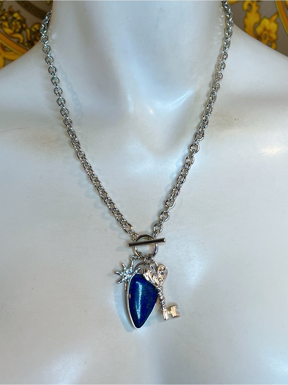 Lapis blue heart key star crystal charm toggle 18” necklace oval link